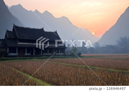 Tranquil dawn over ancient architecture and vast golden rice paddies 126946497