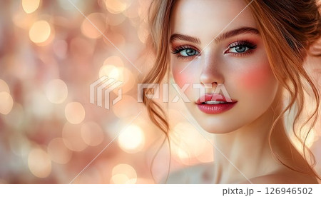 Elegant woman portrait with shimmering bokeh lights in a soft pink hue 126946502