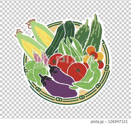An illustration of a basket filled with colorful summer vegetables An illustration of a basket filled with colorful summer vegetables 126947121