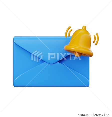Blue 3D envelope with notification bell. Message alert symbol for email or user interface 126947122
