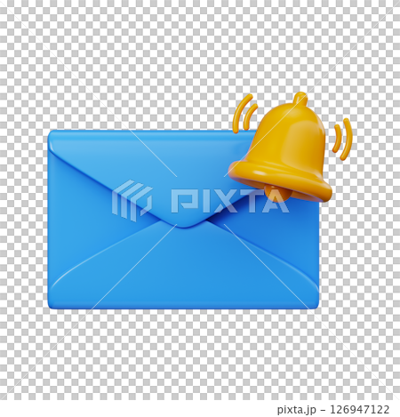 Blue 3D envelope with notification bell. Message alert symbol for email or user interface 126947122