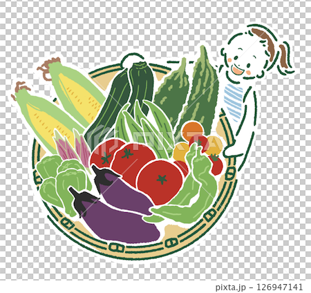 Illustration of a girl with a ponytail wearing a striped shirt holding a platter of summer vegetables 126947141