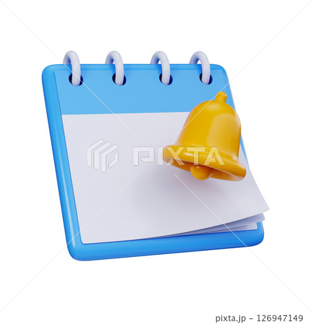 3D calendar symbol with yellow bell. Symbol for scheduling tasks, event notifications or alerts for appointments 3D calendar symbol with yellow bell. Symbol for scheduling tasks, event notifications or alerts for appointments 126947149