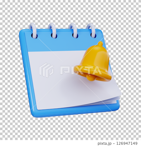 3D calendar symbol with yellow bell. Symbol for scheduling tasks, event notifications or alerts for appointments 3D calendar symbol with yellow bell. Symbol for scheduling tasks, event notifications or alerts for appointments 126947149