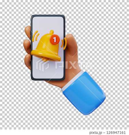 3D Mobile notification in hand. Yellow bell icon with red number 1 on smartphone in hand. Symbol of mobile app notifications, user notifications or new messages. 3D Mobile notification in hand. Yellow bell icon with red number 1 on smartphone in hand. Symbol of mobile app notifications, user notifications or new messages. 126947161