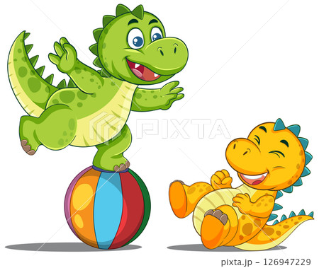 Playful Dinosaurs Balancing on Colorful Ball Playful Dinosaurs Balancing on Colorful Ball 126947229