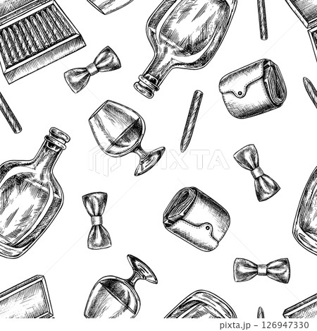 Seamless men s-themed pattern. Cognac, a purse, cigars and a bow tie. Handmade vector illustration. Black and white image. For textiles, printing, wrapping paper, packaging and more. Seamless men s-themed pattern. Cognac, a purse, cigars and a bow tie. Handmade vector illustration. Black and white image. For textiles, printing, wrapping paper, packaging and more. 126947330