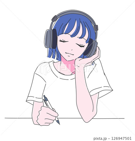 ヘッドホンで音楽を聴きながら頬杖をつく女性のイラスト 126947501