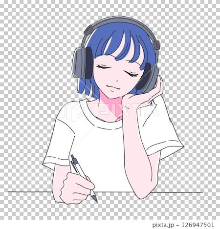 ヘッドホンで音楽を聴きながら頬杖をつく女性のイラスト 126947501