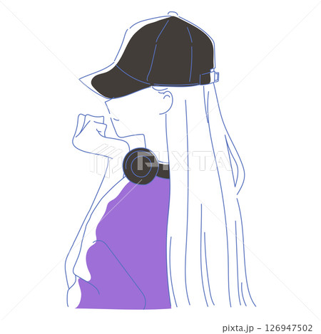 ヘッドホンをして帽子をかぶったオシャレな線画の女性 126947502