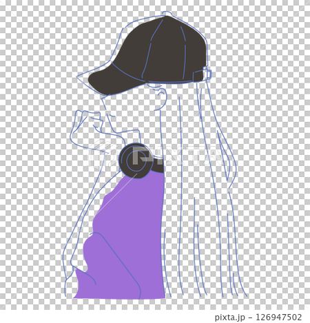 戴著耳機和帽子的女人的時尚線條畫 126947502