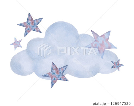 Blue fluffy cloud surrounded by stars. Watercolor and marker illustration. Celestial composition of night atmosphere, dream. Hand drawn isolated art. Cartoon children's sketch for bedroom, bed linen. Blue fluffy cloud surrounded by stars. Watercolor and marker illustration. Celestial composition of night atmosphere, dream. Hand drawn isolated art. Cartoon children's sketch for bedroom, bed linen. 126947520