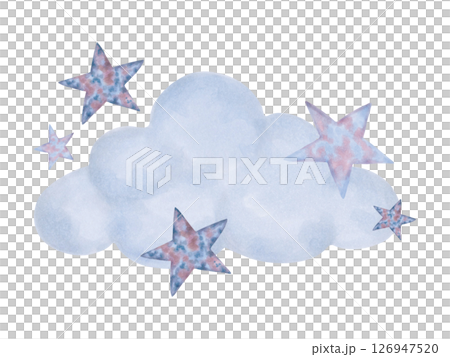 Blue fluffy cloud surrounded by stars. Watercolor and marker illustration. Celestial composition of night atmosphere, dream. Hand drawn isolated art. Cartoon children's sketch for bedroom, bed linen. 126947520