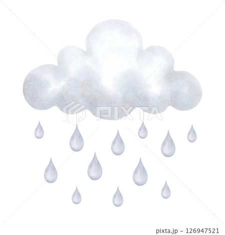 Cloud with falling raindrops. Watercolor style marker illustration. Composition in blue tones with elements of sky, weather. Hand drawn isolated art. Cartoon children's sketch for bedroom, postcard. Cloud with falling raindrops. Watercolor style marker illustration. Composition in blue tones with elements of sky, weather. Hand drawn isolated art. Cartoon children's sketch for bedroom, postcard. 126947521