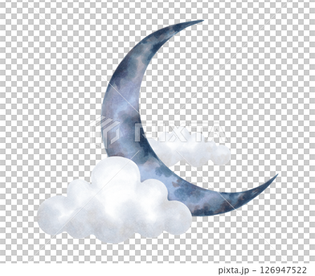 Sky element blue crescent moon with cloud. Watercolor and marker illustration. Isolated hand drawn art with sky elements. Clipart cartoon children sketch for kids room, clothes, cards. Sky element blue crescent moon with cloud. Watercolor and marker illustration. Isolated hand drawn art with sky elements. Clipart cartoon children sketch for kids room, clothes, cards. 126947522