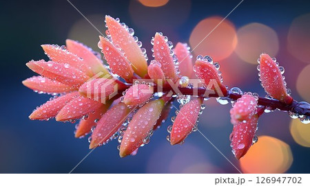 Jeweled botanicals, dew-kissed flower buds in macro, a symphony of light 126947702