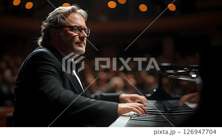 Concert pianist in focused performance before an admiring audience 126947704