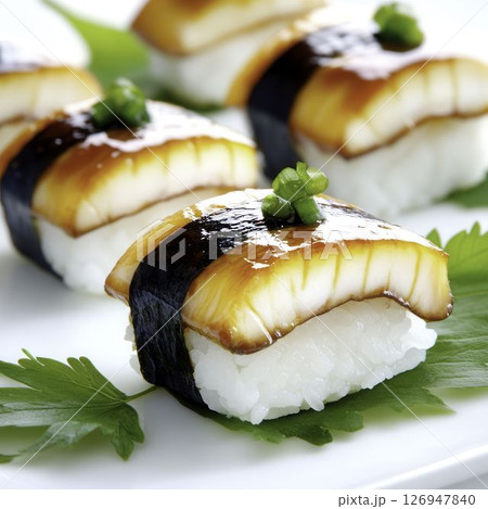 Fresh Unagi Sushi with Rice and Green Garnish on White Plate Ready to Enjoy 126947840