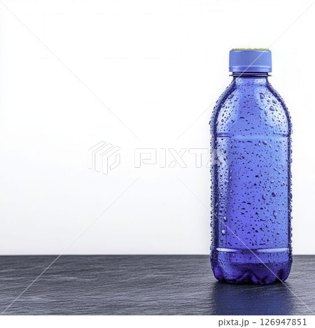 Refreshing Blue Water Bottle with Dew Drops on a Dark Surface for Beverage Photography 126947851