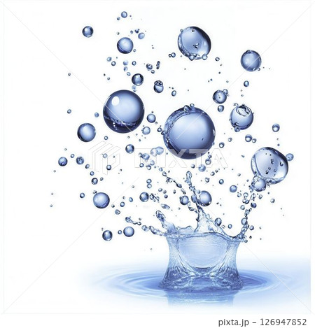 Water Splash with Droplets and Bubbles in Clear Blue Tones on White Background 126947852