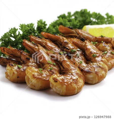 Grilled Shrimp with Garnish and Fresh Herbs on a White Plate Ready to Serve 126947988