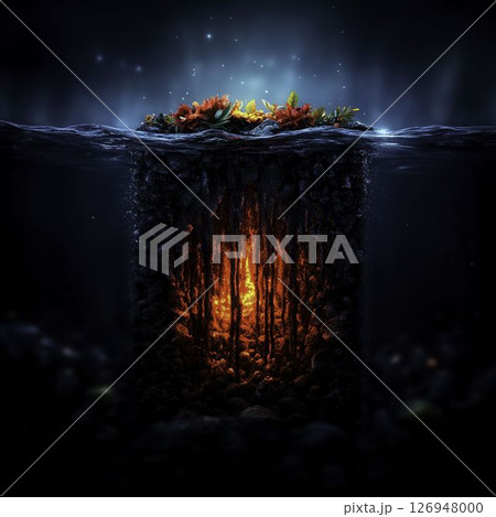 Underwater Scene with Fiery Glow and Vibrant Marine Life in Dark Environment 126948000