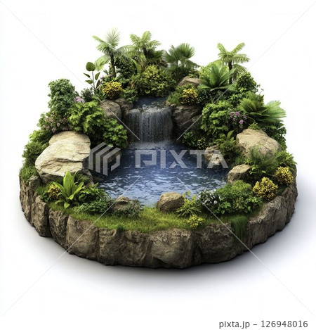 Tranquil Waterfall Oasis Surrounded by Lush Greenery and Vibrant Tropical Plants 126948016