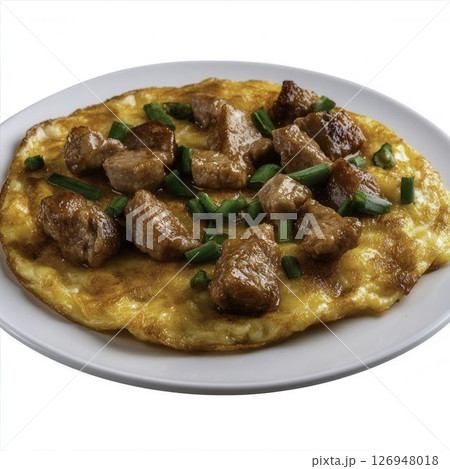 Delicious Egg Omelette with Tender Meat Pieces and Fresh Green Onions Garnish Delicious Egg Omelette with Tender Meat Pieces and Fresh Green Onions Garnish 126948018