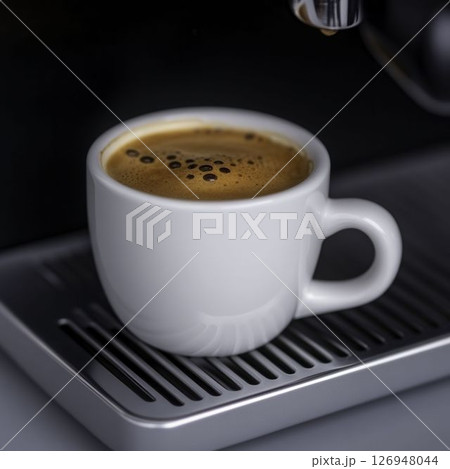 Freshly Brewed Coffee Close-Up in White Cup with Rich Foam and Dark Espresso 126948044