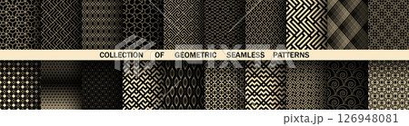 Geometric set of seamless black and golden patterns. Simple vector graphics Geometric set of seamless black and golden patterns. Simple vector graphics 126948081
