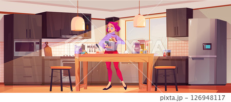Cartoon woman cooking in modern kitchen Cartoon woman cooking in modern kitchen 126948117