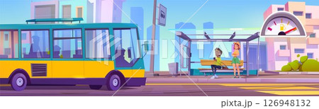 Bus stop scene with waiting passengers 126948132