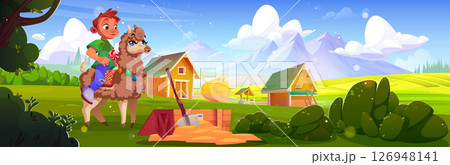 Boy rides llama in country village 126948141