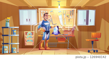 Cartoon superhero builds rocket in garage workshop 126948142