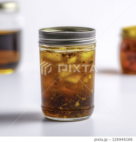 Freshly Made Infused Oil in Glass Jar with Colorful Background and Ingredients 126948166
