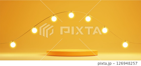 Bulbs illuminating podium on yellow background Bulbs illuminating podium on yellow background 126948257