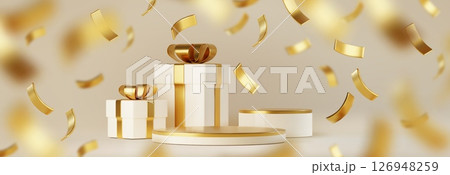 Gift box podium with golden confetti ribbons 126948259