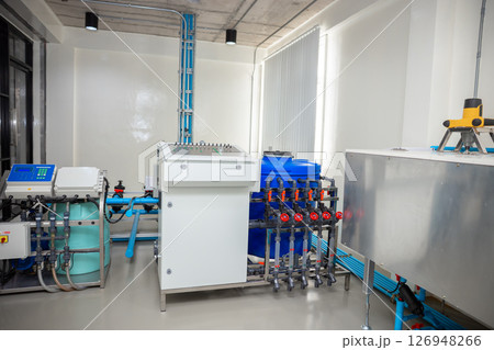 Smart farm chemical fertilizer mixing room, Water PH correction control system, automatic electronic pump sprinklers operate control panel. 126948266