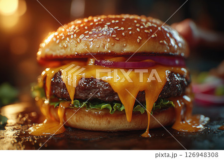 Cheeseburger with melting cheese and fresh toppings Cheeseburger with melting cheese and fresh toppings 126948308