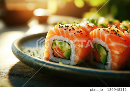 Delicious sushi rolls prepared with fresh ingredients Delicious sushi rolls prepared with fresh ingredients 126948311