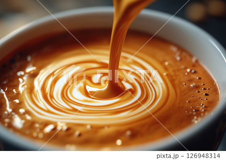 Creamy caramel sauce swirls in a bowl captured in warm light Creamy caramel sauce swirls in a bowl captured in warm light 126948314