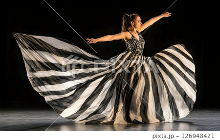 Elegant Dancer in Striped Gown Performing Gracefully on Stage with Passion Elegant Dancer in Striped Gown Performing Gracefully on Stage with Passion 126948421