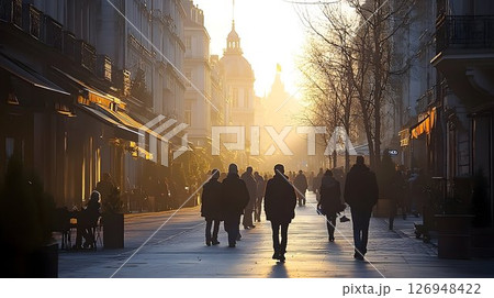 Sun-Drenched Stroll, Morning Commute in a European Architectural Cityscape 126948422
