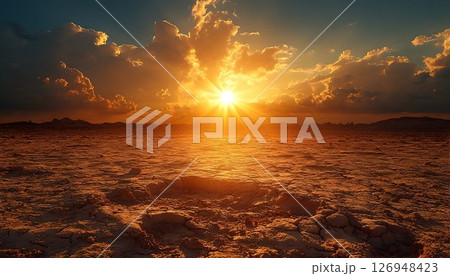 Golden hour illuminates a surreal arid landscape with textured earth 126948423
