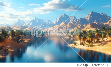 Serene Oasis Landscape, Palm Trees, Sand Dunes and Reflections 126948424