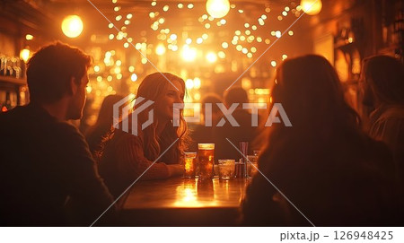 Golden Hour Gathering, Friends Enjoying Drinks and Conversation at Bar 126948425