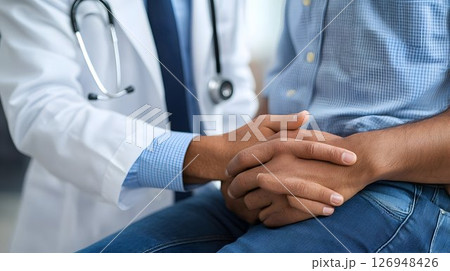 Doctor offers support and reassurance to patient during medical consultation 126948426