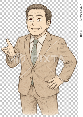 A male character in a suit holding out his hand to explain, an illustration of a businessman making a proposal with a smile, a bright expression 126948507