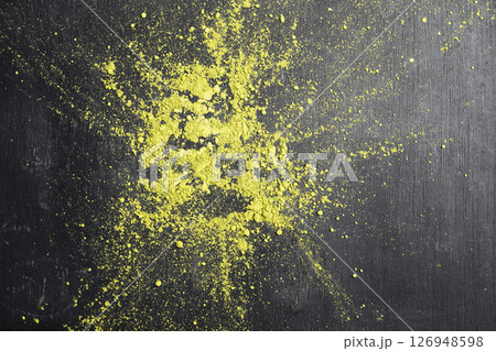 Closeup view of matcha green tea powder on the black table. Top view 126948598
