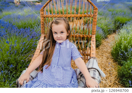 The rocking chair with the checkered blanket stands among purple flowers The rocking chair with the checkered blanket stands among purple flowers 126948700